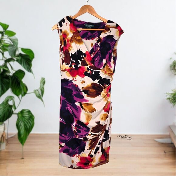 Ralph Lauren Floral Faux Wrap V Neck Ruched Sleeveless Dress 10P - Picture 11 of 11